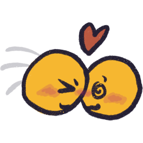 two yellow heads hitting together, blushing and smiling. a red heart is above them.